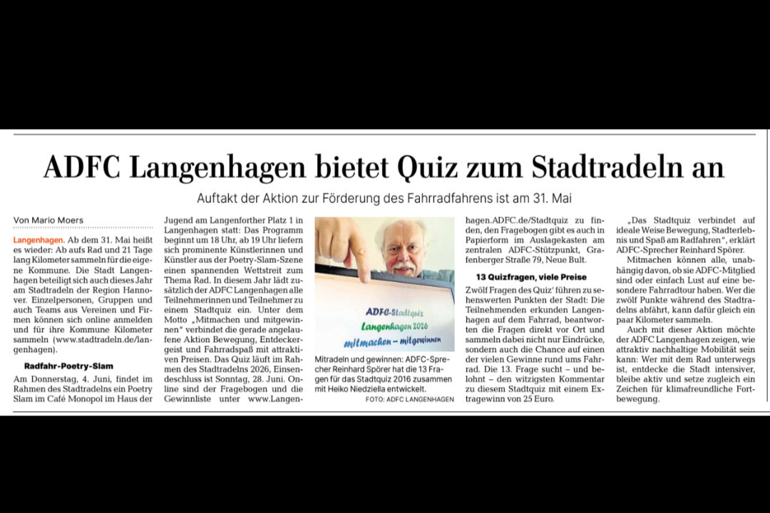 Zwölf-Punkte-Programm: Zum Stadtradeln 31.5. bis 20.6.2026 bietet der ADFC Langenhagen das STADTQUIZ 2026 an Zwölf-Punkte-Programm: Zum Stadtradeln 31.5. bis 20.6.2026 bietet der ADFC Langenhagen das STADTQUIZ 2026 an